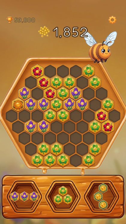 A honeycomb board filled with flower blocks